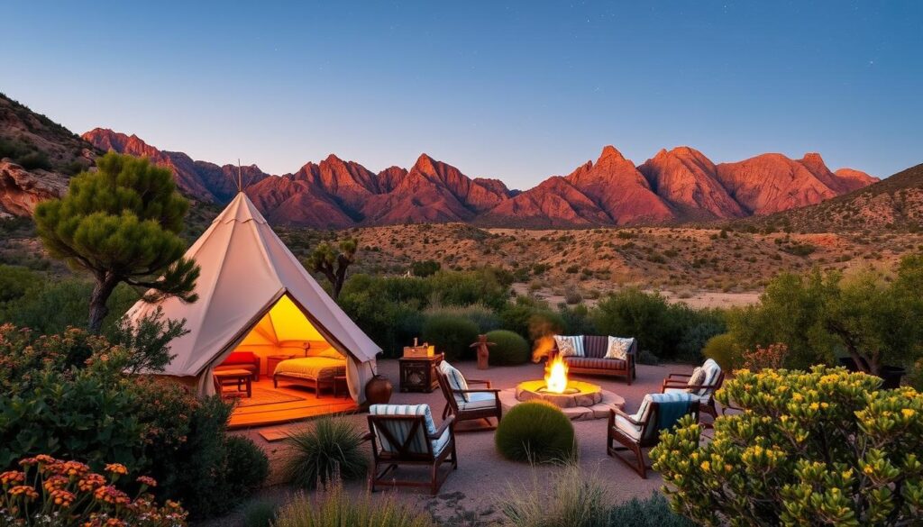 A picturesque glamping retreat nestled amidst the rugged beauty of Big Bend, Texas. In the foreground, a cozy bell tent with a warm, inviting glow from within, surrounded by lush greenery and desert blooms. The middle ground reveals a crackling campfire, with comfortable outdoor furniture inviting relaxation under a starry night sky. In the distance, the majestic peaks of the Big Bend National Park rise up, their silhouettes cast in a soft, golden light as the sun dips below the horizon. The scene conveys a sense of tranquility, adventure, and a harmonious connection with the natural world.