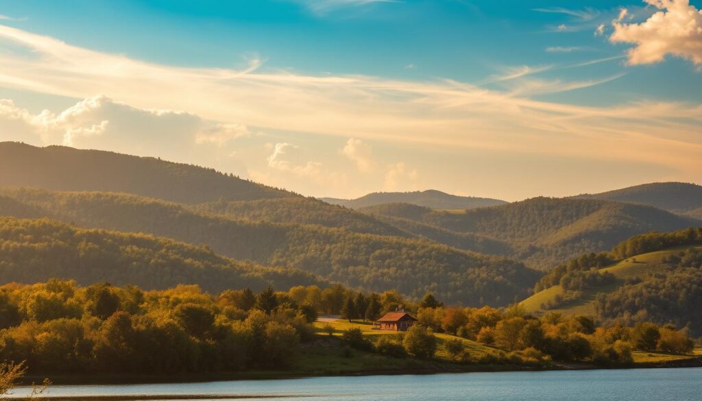 A picturesque hillside landscape in Tennessee, bathed in warm golden sunlight filtering through wispy clouds. In the foreground, a serene, tree-lined lake reflects the surrounding hills and lush greenery. In the middle ground, a quaint, rustic cabin nestled among rolling hills, its wooden exterior and stone chimney in harmony with the natural setting. The background features a range of undulating hills, their slopes covered in a patchwork of verdant forests and lush meadows. The scene conveys a sense of tranquility and peaceful solitude, inviting the viewer to imagine a quiet getaway amidst the idyllic Tennessee countryside.