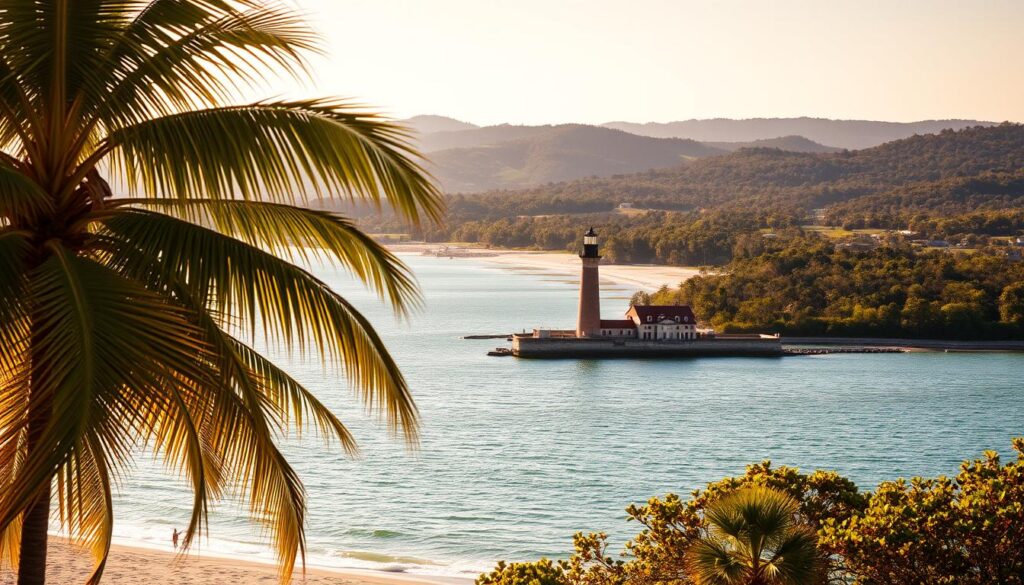 A picturesque landscape showcasing the natural wonders of Mississippi. In the foreground, a sun-dappled beach with swaying palms and crystalline waters. The middle ground features a historic lighthouse guiding ships along the coast, its beacon shining brightly. In the distance, rolling hills and lush forests stretch out, hinting at the state's diverse ecosystems. Warm, golden sunlight bathes the scene, creating a serene and inviting atmosphere. Shot with a wide-angle lens to capture the breadth of this beautiful travel destination.