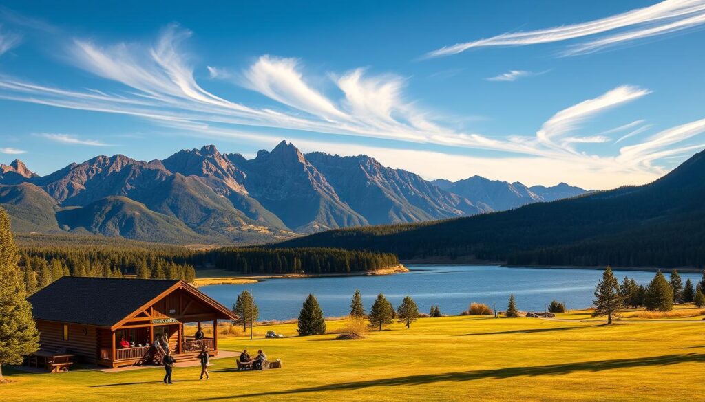 A picturesque mountain retreat nestled in the heart of the Rockies, Pikes Peak Ranch offers a serene setting for group gatherings. In the foreground, a cozy log cabin with a wraparound porch overlooks a sprawling lawn, where guests gather for lively discussions and team-building activities. The middle ground features a sparkling lake, its calm waters reflecting the rugged peaks that rise majestically in the background, bathed in warm, golden light. Wisps of cloud drift across the azure sky, adding to the tranquil atmosphere. The scene evokes a sense of renewal and connection, perfectly suited for group retreats, reunions, and events.
