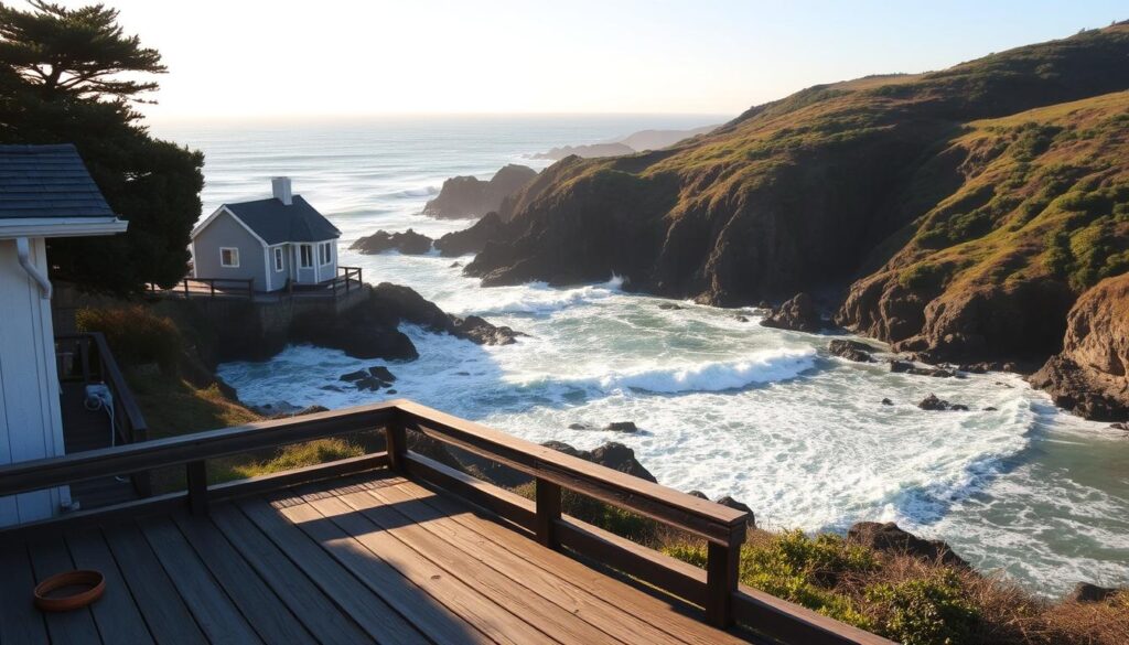 A picturesque ocean view in Mendocino, California, with a quaint coastal cottage nestled among the cliffs. The foreground features a weathered wooden deck, offering a tranquil seating area to soak in the breathtaking scenery. In the middle ground, rolling waves crash against the rocky shoreline, their white caps glistening in the warm, golden sunlight. The background showcases the rugged, undulating coastline, with lush, verdant vegetation cascading down the hillsides. The scene is bathed in a serene, ethereal atmosphere, inviting visitors to immerse themselves in the natural beauty of this coastal haven.