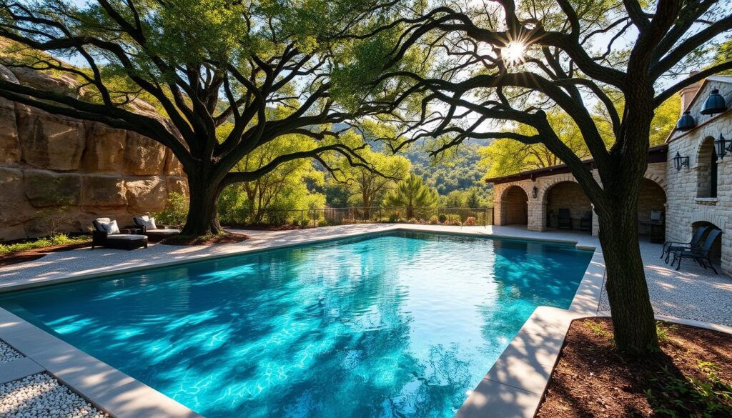 A picturesque pool nestled within the lush, rolling hills of the Texas Hill Country. Sunlight dances across the crystal-clear waters, casting shimmering reflections on the surrounding limestone cliffs. Towering oak trees provide dappled shade, their branches swaying gently in the warm breeze. Pebbled pathways wind through meticulously manicured gardens, leading to secluded seating areas where guests can relax and unwind. The pool's sleek, modern design seamlessly blends with the natural beauty of the Barton Creek property, creating an oasis of tranquility and inspiration for writers and dreamers alike.