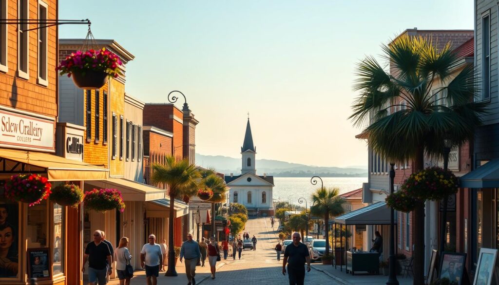 A picturesque street in Bay St. Louis, Mississippi, bathed in warm, golden afternoon light. In the foreground, quaint shops and galleries line the sidewalks, their facades adorned with colorful murals and hanging flower baskets. Pedestrians stroll leisurely, pausing to admire the work of local artists displayed in the windows. In the middle ground, the historic white-columned courthouse stands as a testament to the town's small-town charm. Beyond, the sparkling waters of the Mississippi Sound glisten, framed by a horizon of gentle rolling hills. The scene evokes a sense of tranquility and artistic inspiration, perfectly capturing the essence of this coastal Mississippi gem.