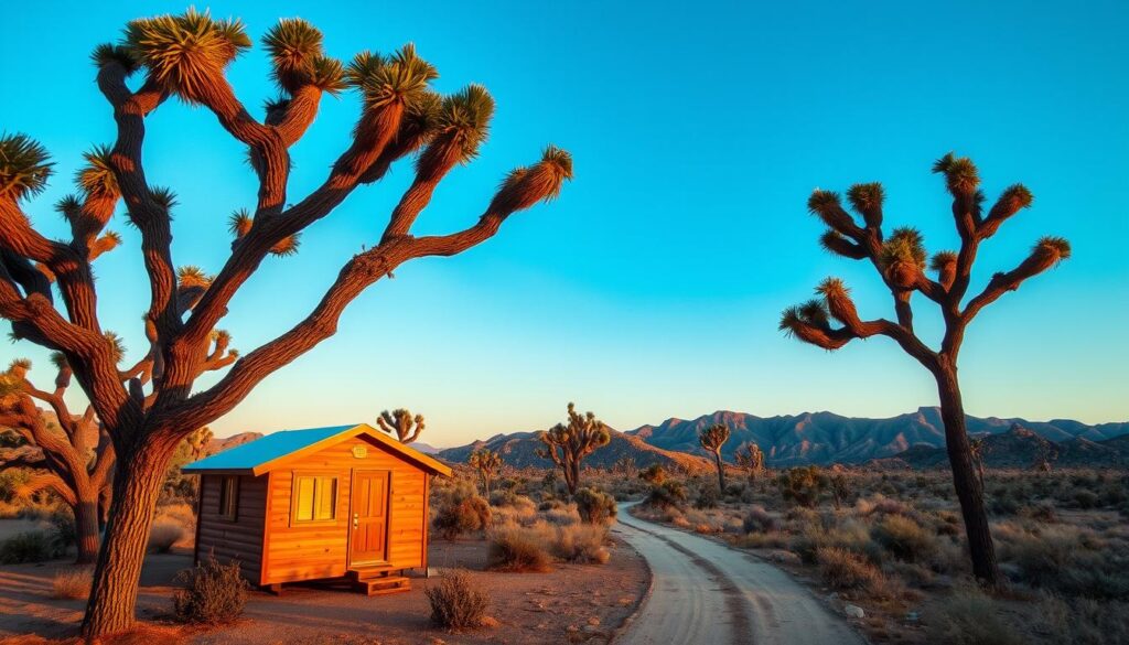 A picturesque tiny home nestled amidst the iconic Joshua trees of the Mojave Desert. The modest abode stands in the foreground, its warm, wooden facade bathed in the soft, golden light of the setting sun. Surrounding it, the gnarled silhouettes of the Joshua trees reach skyward, creating a serene and meditative atmosphere. In the middle ground, a path leads the eye towards the horizon, where the rugged, undulating hills of the desert landscape stretch out under a vivid, cerulean sky. The scene is imbued with a sense of tranquility and solitude, inviting the viewer to pause, reflect, and immerse themselves in the quiet beauty of this desert haven.