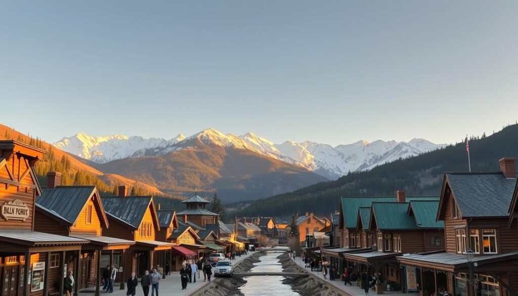 A quaint mountain town nestled amid the majestic Sierra Nevada range, with snow-capped peaks looming in the distance. In the foreground, charming wooden cabins and historic storefronts line the main street, their weathered facades bathed in the warm glow of a setting sun. Residents and visitors alike stroll along the sidewalks, enjoying the crisp, alpine air and the picturesque scenery. In the middle ground, a small creek or river winds its way through the town, its gentle, reflective waters mirroring the surrounding peaks. The overall atmosphere is one of rustic tranquility, with a touch of old-world charm that transports the viewer to a simpler, more serene time.