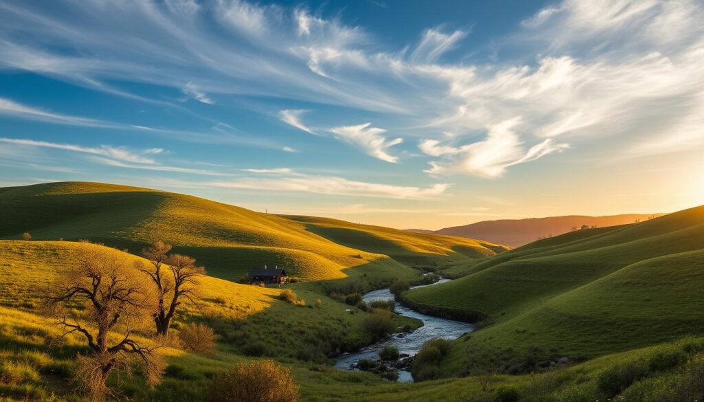 A rolling landscape of verdant hills, their slopes dotted with twisted oak trees and glowing wildflowers. A serene creek winds its way through the valley, its crystal-clear waters reflecting the azure sky above. Wispy clouds drift lazily overhead, casting soft shadows across the scene. The warm, golden light of the setting sun bathes the entire vista in a cozy, welcoming glow. In the distance, a lone cabin nestled among the hills stands as a testament to the tranquility and solitude of the Texas Hill Country.