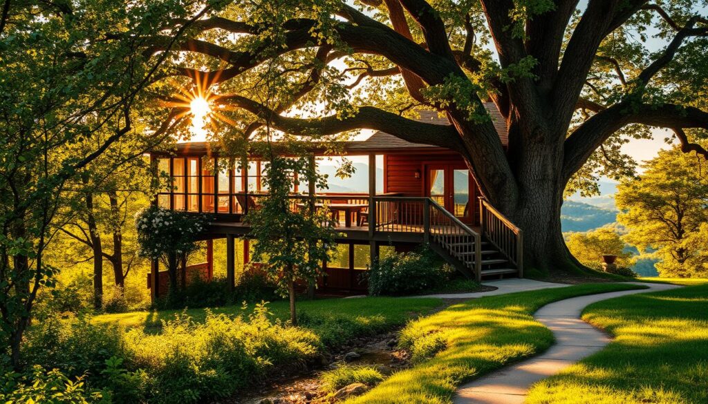 A romantic tree house cottage nestled in the verdant foothills of Alabama's Appalachian mountains. The wooden structure, adorned with blooming vines, sits atop a towering oak, its expansive windows offering panoramic views of the surrounding forest canopy. Warm, golden light filters through the leaves, casting a cozy glow upon the inviting porch and its rustic furnishings. In the foreground, a tranquil stream meanders through the lush undergrowth, its gentle sound adding to the serene ambiance. The middle ground features a winding path leading to the cottage, while the background showcases the rolling hills and distant peaks of the Appalachian range. This idyllic retreat, minutes from the charming town of Mentone and DeSoto State Park, exudes a sense of timeless romance and connection with nature.
