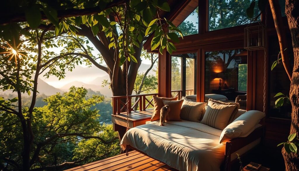 A romantic treehouse nestled amidst verdant foliage, bathed in warm, golden light filtering through the canopy. In the foreground, a cozy porch swing invites couples to cuddle and gaze out at the serene, misty mountains in the distance. The interior of the treehouse features plush bedding, natural wood accents, and large windows that frame picturesque views of a nearby tranquil stream. The overall atmosphere evokes a sense of seclusion, intimacy, and wellness, perfect for a rejuvenating couples' retreat.
