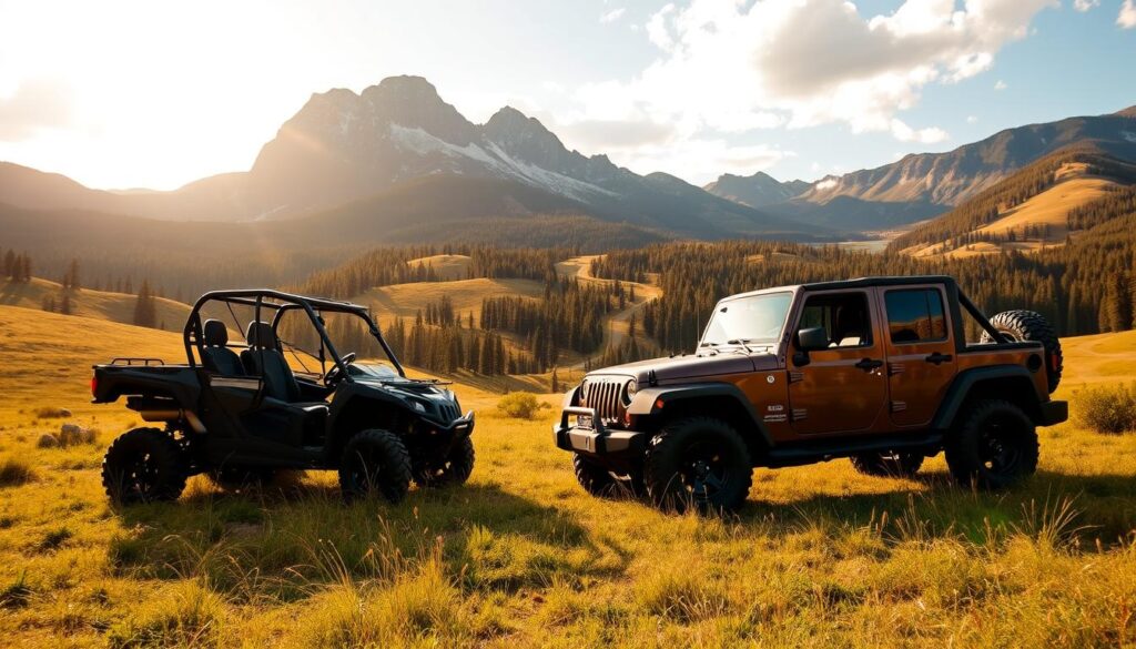 A rugged UTV and a classic Jeep parked on a grassy meadow, framed by towering peaks of the Pikes Peak Ranch in Colorado. Warm afternoon sunlight filters through scattered clouds, casting soft shadows across the scene. In the distance, a winding trail leads into the lush, forested backcountry, beckoning adventure. The vehicles stand ready, their robust silhouettes conveying the promise of off-road exploration and the thrill of traversing the picturesque landscape. This serene yet exhilarating setting captures the essence of the "UTV and Jeep Rentals for Backcountry Thrills" section, inviting visitors to experience the natural wonders of Colorado Springs.