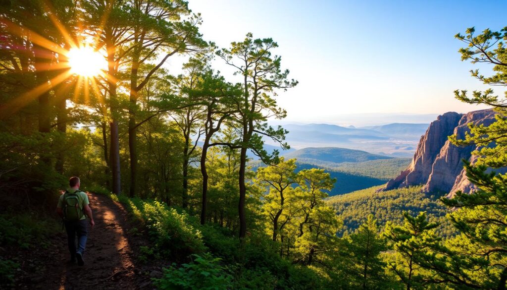 A rugged hiking trail winds through the lush, verdant forests of the Cumberland Plateau in Tennessee. Sunlight filters through the canopy of towering trees, casting a warm, golden glow over the scene. In the foreground, a hiker navigates the trail, their backpack and hiking gear visible as they make their way through the serene landscape. In the middle ground, the trail opens up to reveal a breathtaking vista of rolling hills and distant peaks, hazy blue in the distance. The background is dominated by the rugged, jagged cliffs of the Savage Gulf, their rocky faces sculpted by time and the elements. The overall mood is one of adventure, exploration, and connection with the natural world.