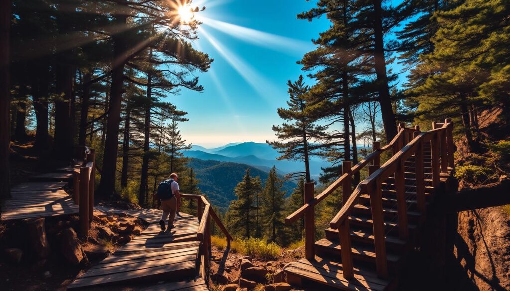 A rugged mountain trail winds through the lush Pisgah National Forest, leading to a serene overlook with sweeping vistas of majestic peaks. Shafts of warm, golden light filter through the canopy of towering trees, casting a soft glow on the weathered wooden stairs and bridges that guide hikers along the path. In the distance, the silhouettes of distant summits rise against a clear, azure sky, beckoning adventurers to explore the untamed wilderness of Western North Carolina.