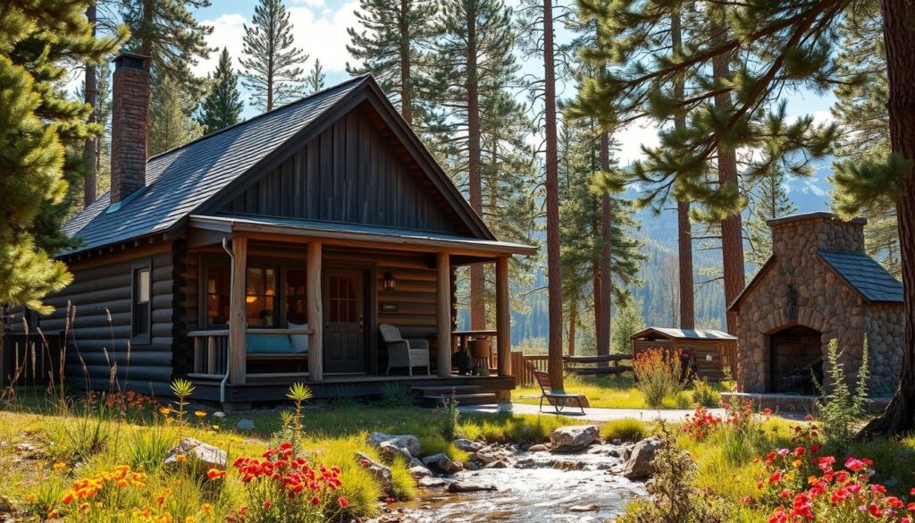 A rustic and charming pioneer guest cabin nestled in the heart of the Rockies, surrounded by towering pines and majestic snow-capped peaks. The cabin's weathered wooden exterior, with its inviting porch and hand-crafted details, evokes a sense of timeless Western elegance. Soft natural light filters through the windows, casting a warm glow on the interior's cozy furnishings and vintage accents. A stone fireplace crackles, inviting guests to settle in and embrace the tranquility of this mountain retreat. The cabin's tranquil setting, with a babbling brook in the foreground and a backdrop of vibrant wildflowers, creates an idyllic and serene atmosphere, perfect for writers and dreamers seeking inspiration in the heart of Crested Butte, Colorado.