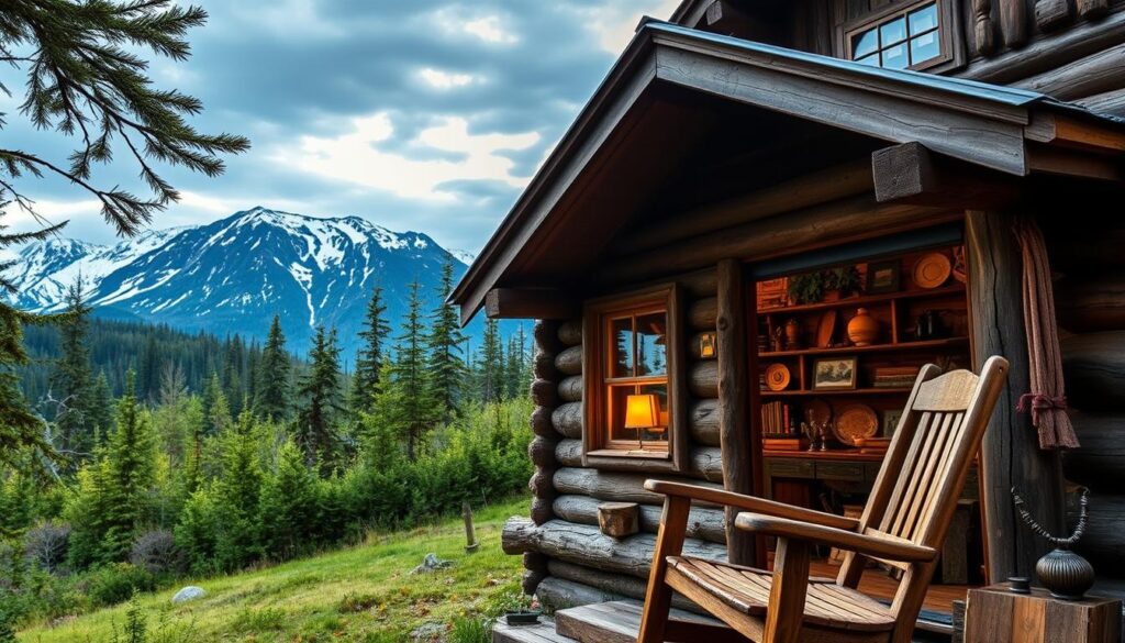 A rustic, hand-hewn log cabin nestled in the lush, verdant wilderness of Kachemak Bay, Alaska. The weathered logs, gnarled and textured, speak of a bygone era, exuding a sense of timeless Alaskan character. Soft, diffused natural light filters through the windows, casting a warm, golden glow on the interior's handcrafted furnishings and carefully curated decor. In the foreground, a well-worn wooden rocking chair invites the viewer to pause and absorb the tranquil ambiance. Beyond the cabin, the rugged, snow-capped mountains rise majestically, framing the scene with a sense of awe-inspiring grandeur. This historic, log-built haven emanates a cozy, welcoming atmosphere, perfectly capturing the essence of Alaskan cabin life.