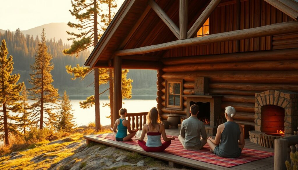 A rustic log cabin nestled in a lush mountain landscape, surrounded by towering pines and a serene lake. The cabin's exterior is weathered and charming, with a large porch overlooking the tranquil scene. Warm, golden light filters through the windows, casting a cozy glow over the interior, which is filled with simple, natural furnishings and a crackling fireplace. A group of people sit in meditative poses, their faces reflecting a sense of peace and spiritual renewal. The atmosphere is one of quiet contemplation, a retreat from the distractions of the outside world, allowing for deeper connection with one's faith and inner self.