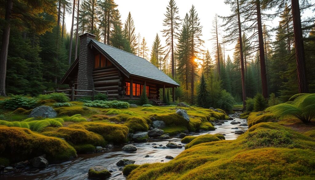 A rustic log cabin nestled in a lush, verdant forest, its weathered wooden exterior glowing in the warm, golden light of the setting sun. The cabin stands tall amidst a carpet of ferns and moss-covered rocks, its large, protruding logs and sturdy chimney evoking a sense of timeless craftsmanship. In the foreground, a meandering stream reflects the surrounding greenery, while in the distance, towering pines and oaks stretch towards a softly hued sky. The scene exudes a serene, tranquil atmosphere, inviting the viewer to step inside and experience the rustic charm of a forest retreat.