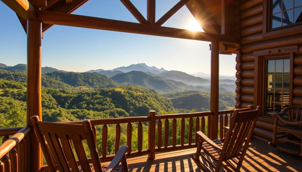 A rustic log cabin nestled in the lush, verdant hills of North Georgia, its expansive deck offering sweeping vistas of the surrounding mountains. The deck is bathed in warm, golden sunlight, casting a cozy, inviting glow. In the foreground, a pair of rocking chairs beckon, inviting visitors to sit and soak in the serene, awe-inspiring panorama. The middle ground features a wooden railing, crafted from weathered timber, framing the scene. Beyond, the distant peaks rise majestically, their silhouettes cutting a dramatic profile against the azure sky. The overall atmosphere exudes a sense of tranquility, peace, and a deep connection to the natural world.