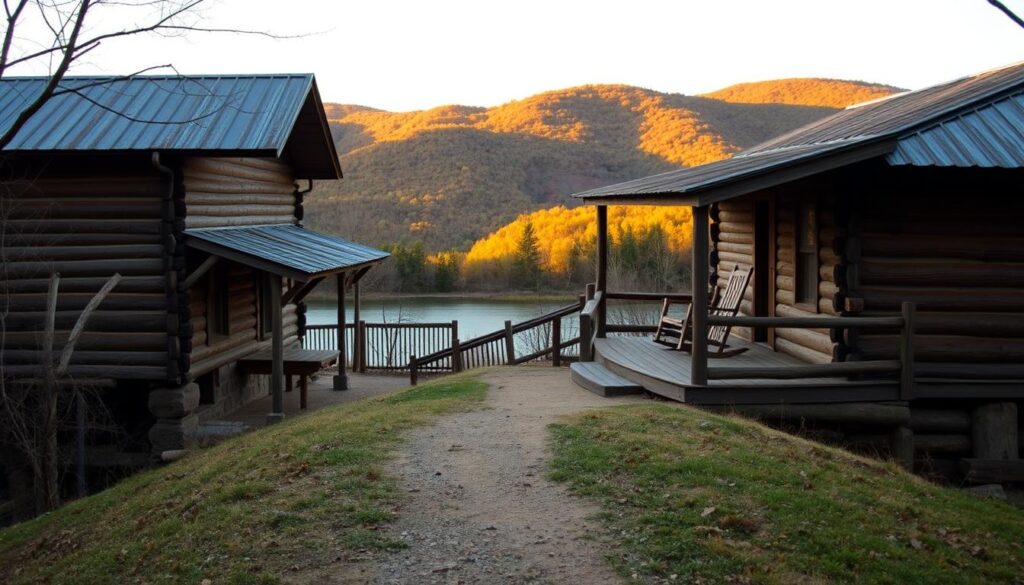 A rustic timber cabin nestled on the banks of the Tennessee River Gorge, its weathered deck overlooking the tranquil waters. The cabin's exterior reflects its historic past, with rough-hewn logs and a charming tin roof. In the foreground, a well-worn path leads to the riverfront, inviting exploration. The middle ground showcases the deck, where a pair of rocking chairs await to enjoy the serene views. In the background, the lush, rolling hills of the gorge provide a picturesque backdrop, bathed in the warm glow of golden-hour light. This scene evokes a sense of off-grid solitude and connection with nature, perfect for a historic, nature-immersed getaway.