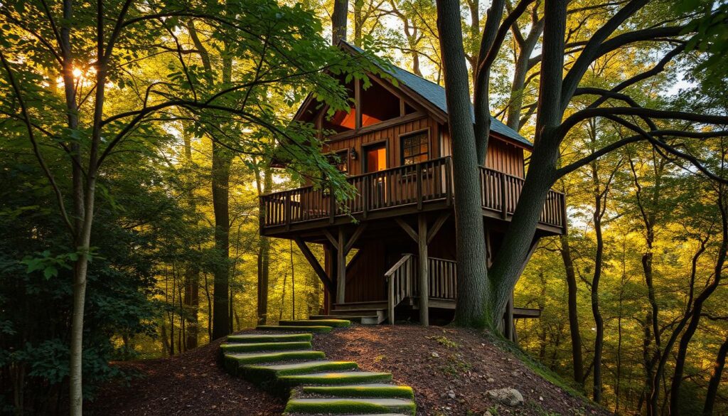 A rustic, well-weathered treehouse nestled among the lush, verdant foliage of a North Georgia forest. The structure is elevated on sturdy wooden beams, blending seamlessly with the surrounding canopy. Warm, golden light filters through the branches, casting a cozy, inviting glow. The treehouse's wooden walls and shingled roof evoke a sense of whimsical, off-the-grid charm. In the foreground, a winding, moss-covered path leads to the treehouse's entrance, inviting the viewer to step inside and escape the stresses of everyday life. The overall scene conveys a serene, peaceful atmosphere, perfect for a hidden getaway in the heart of Georgia's natural wonder.
