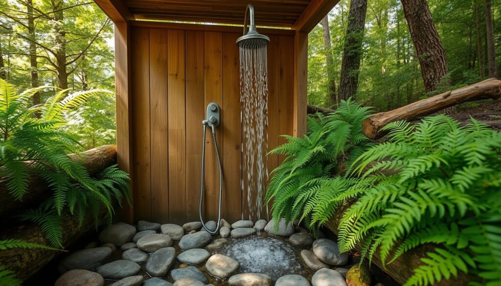 A rustic wooden outdoor shower nestled in the lush pine forest of East Texas. The shower is partially covered by a simple slatted roof, allowing dappled sunlight to filter through. The floor is composed of smooth river rocks, creating a natural and earthy aesthetic. Surrounding the shower, verdant ferns and mossy logs create a serene, secluded atmosphere. The water cascades gently from a weathered showerhead, its soothing sound complementing the tranquil ambiance. This inviting oasis offers a refreshing respite from the day's adventures, immersing the user in the beauty of the wooded retreat.