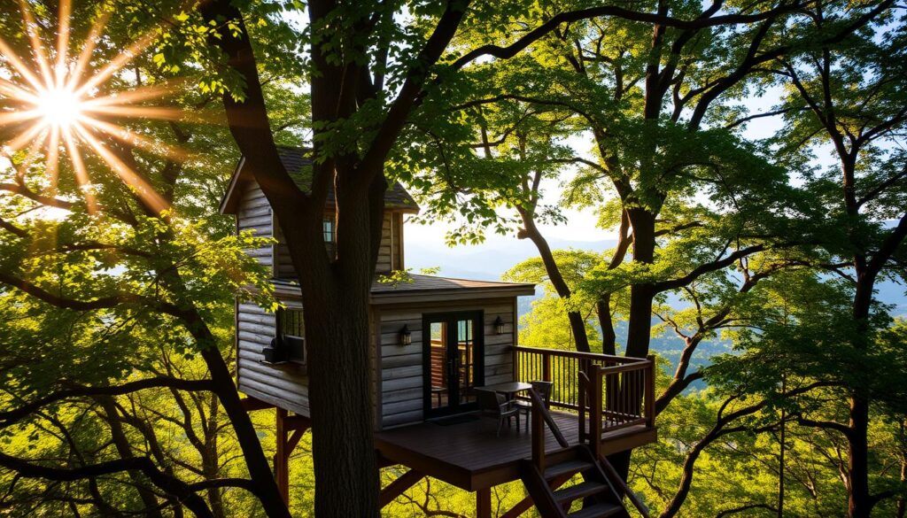 A scenic treehouse nestled amidst the lush, verdant canopy of the Smoky Mountains. Soft, dappled sunlight filters through the swaying branches, casting a warm, golden glow over the rustic wooden structure. In the distance, glimpses of rolling hills and misty blue peaks peek through the foliage, creating a sense of serene, natural beauty. The treehouse itself is a masterpiece of craftsmanship, its sturdy beams and weathered planks seamlessly blending with the surrounding environment. A cozy porch invites visitors to sit and soak in the tranquility of this enchanting, elevated retreat, transporting them to a world of pure, untamed wonder.