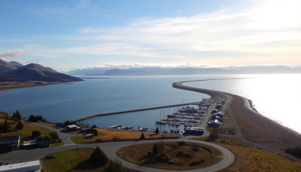 A scenic vista of the Homer Spit, a long, narrow, gravel-and-sand peninsula jutting into the sparkling waters of Kachemak Bay. In the foreground, a winding road leads past quaint shops, marinas, and fishing vessels at anchor. The middle ground features a gentle curve of the spit, with rolling hills and distant mountains framing the landscape. Warm, golden sunlight filters through wispy clouds, casting a soft, inviting glow over the entire scene. The atmosphere evokes a sense of tranquility and coastal charm, perfect for those seeking a peaceful Alaskan getaway near the state park.