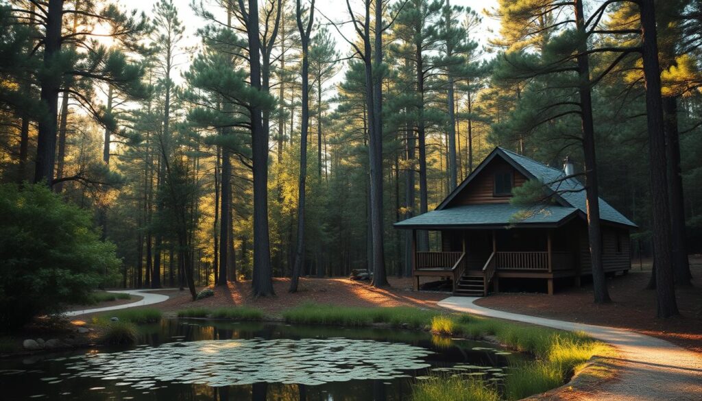 A secluded cabin nestled among the towering pines of Ocala National Forest, bathed in soft, warm sunlight filtering through the verdant canopy. The cabin's rustic exterior blends seamlessly with the surrounding wilderness, inviting guests to immerse themselves in the tranquil, natural beauty. In the foreground, a cozy porch overlooks a serene pond, its still waters reflecting the picturesque landscape. Nearby, a winding trail leads deeper into the forest, promising endless opportunities for hiking, birdwatching, and reconnecting with the great outdoors. The overall atmosphere exudes a sense of peaceful solitude, perfect for those seeking a rejuvenating escape from the hustle and bustle of everyday life.
