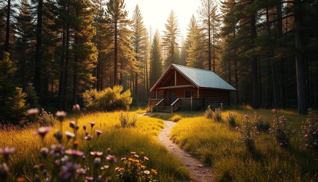 A secluded cabin nestled in a lush, verdant forest, bathed in warm, golden afternoon light. The rustic structure stands in peaceful isolation, its wooden walls and slanted roof harmonizing with the natural surroundings. The foreground is dotted with wildflowers, their petals swaying gently in a soft breeze. In the middle ground, a winding path leads to the cabin's front porch, inviting exploration. The background is a tapestry of towering pine trees, their canopies filtering the sunlight and casting a serene, contemplative atmosphere. This off-grid retreat, free from the distractions of technology, beckons the weary soul to disconnect and reconnect with the tranquility of nature.