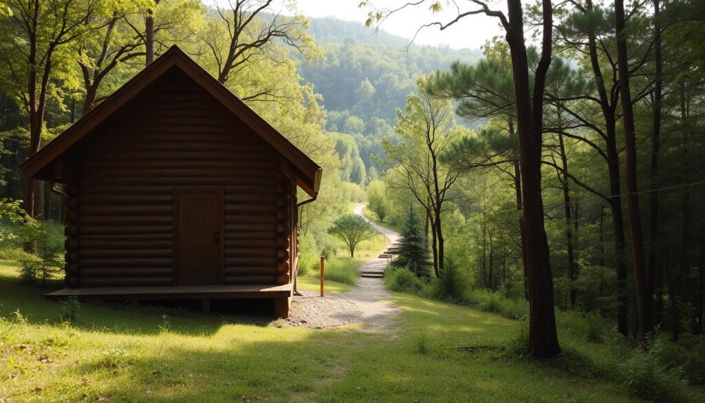 A secluded digital detox retreat nestled in the lush, rolling hills of Alabama's Black Belt region. A rustic log cabin stands in the foreground, its warm wood tones complemented by the verdant forest backdrop. Soft natural light filters through the trees, casting a tranquil glow over the scene. In the distance, a winding hiking trail leads deeper into the peaceful wilderness, inviting guests to disconnect from the digital world and immerse themselves in the calming embrace of nature. The retreat's simple, minimalist design and lack of modern technological distractions create an atmosphere of serene, restorative isolation, perfect for those seeking a restorative escape from the constant digital noise.