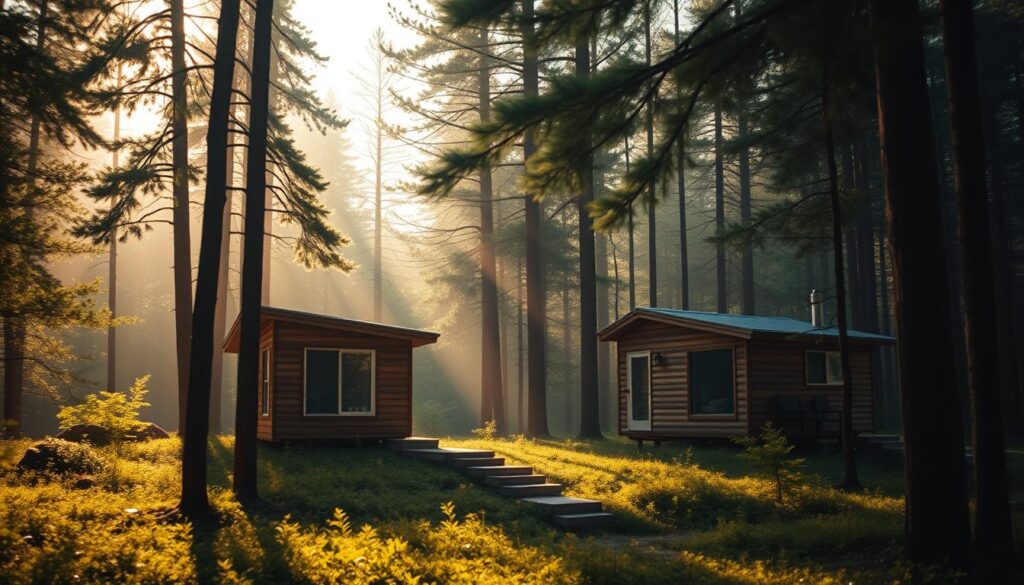 A secluded forest clearing, bathed in soft, warm light filtering through the canopy. In the foreground, a cozy, modern tiny home nestled in the verdant landscape, its sleek wooden exterior blending seamlessly with the natural surroundings. Expansive windows offer panoramic views of the serene wilderness, creating a sense of total immersion in nature. In the middle ground, a private deck extends from the home, providing an intimate outdoor living space sheltered by towering pines. The background fades into a dreamlike haze, obscuring the boundaries between the built and natural environments, evoking a profound sense of tranquility and seclusion.