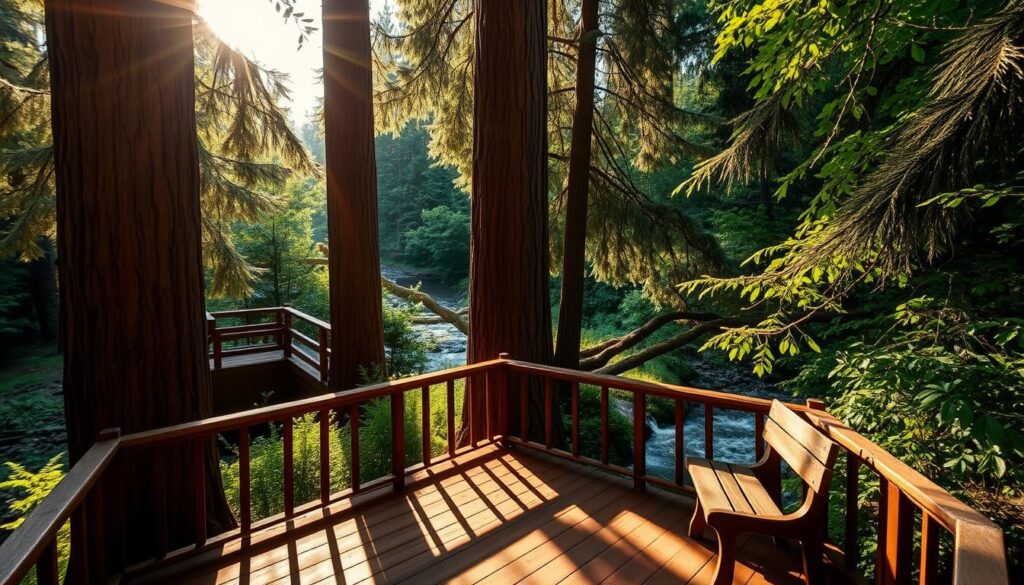 A secluded, sun-dappled redwood deck nestled amidst lush greenery, overlooking a serene creek. Towering redwood trees frame the scene, their russet bark and feathery foliage casting soft, natural shadows. A weathered wooden bench invites tranquil contemplation, while the gentle flow of the creek provides a soothing soundtrack. Warm, golden sunlight filters through the canopy, creating a peaceful, nature-first atmosphere. The deck's simple, organic design blends seamlessly with the surrounding landscape, offering a private retreat for relaxation and connection with the land.