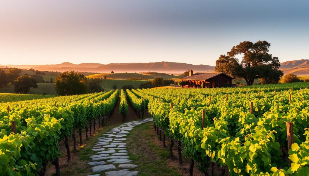 A serene Napa Valley vineyard landscape, bathed in golden hour light. Rows of lush, verdant grapevines stretch across gently rolling hills, framed by the majestic silhouettes of oak trees and distant mountains. A picturesque bungalow nestled amidst the vines, its weathered wood and terracotta roof tiles blending seamlessly with the natural surroundings. A meandering stone pathway leads to the entrance, inviting guests to discover the tranquil charm of this secluded wine country retreat. The scene exudes a sense of rustic elegance and invites the viewer to imagine lazy afternoons savoring local vintages and soaking in the breathtaking vistas.