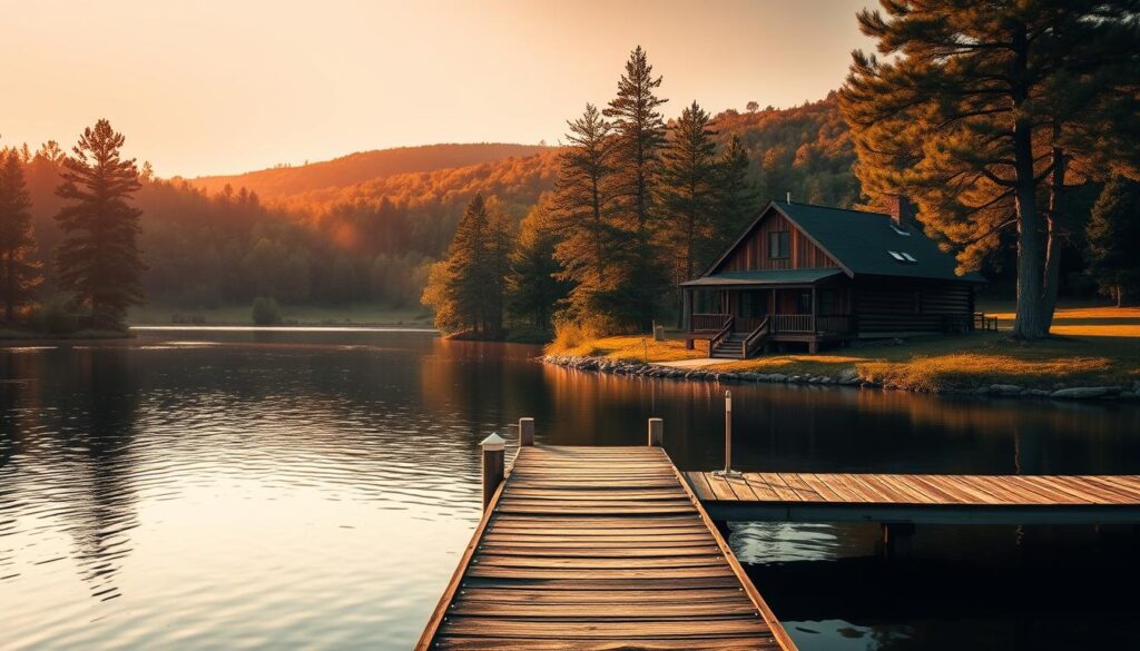 A serene Tennessee retreat nestled in lush rolling hills, with a rustic wooden cabin surrounded by a tranquil lake and towering pines. Warm afternoon sunlight filters through the canopy, casting a golden glow on the scene. In the foreground, a peaceful dock extends out over the still waters, inviting contemplation and spiritual reflection. The overall atmosphere conveys a sense of calm, inviting the viewer to step away from the world and find solace in nature's embrace.