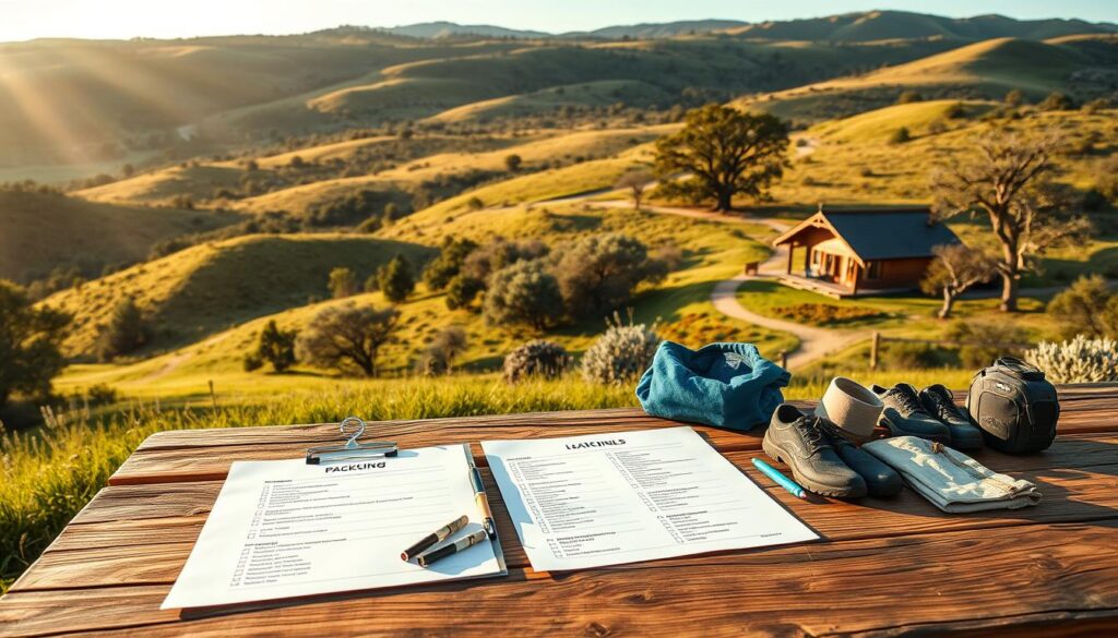 A serene Texas hill country landscape, captured in a warm afternoon light. In the foreground, a wooden table displays a neatly organized packing checklist, complete with hiking gear, cozy apparel, and outdoor essentials. The middle ground features lush rolling hills, dotted with oak trees and winding dirt paths. In the distance, a rustic cabin nestled among the verdant landscape, inviting the viewer to embark on a soul-searching adventure. The composition is balanced, with a sense of tranquility and simplicity, reflecting the off-grid nature of the cabin retreat.