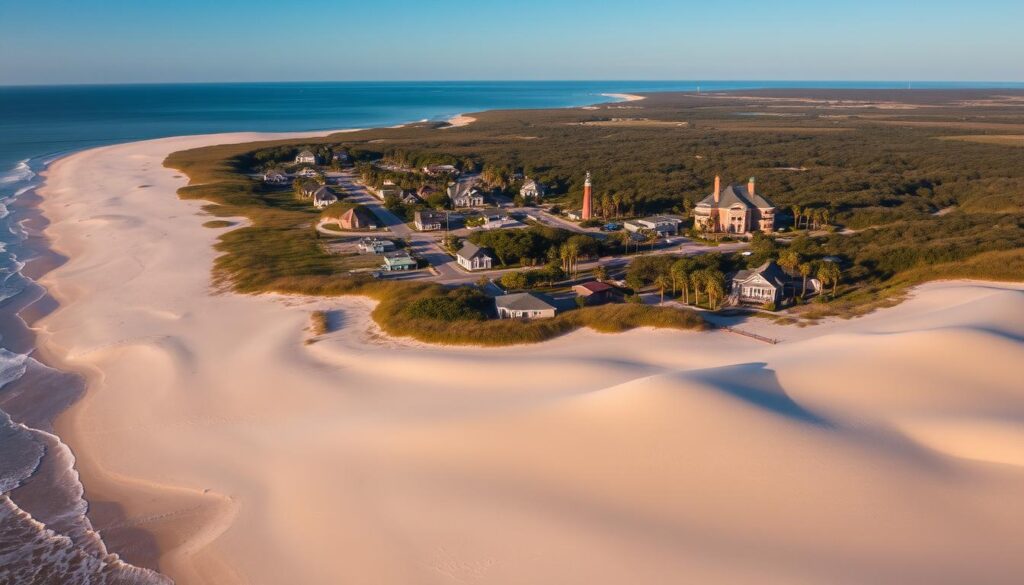 A serene aerial view of the Outer Banks, North Carolina, showcasing its picturesque coastal landscapes. In the foreground, pristine sandy beaches and rolling dunes stretch out, with the gentle surf lapping at the shore. The middle ground features quaint coastal towns, their charming homes and businesses nestled among swaying palm trees and maritime forests. In the distance, the iconic lighthouses of the Outer Banks rise up, guiding ships through the tranquil waters of the Atlantic Ocean. The scene is bathed in warm, golden sunlight, creating a peaceful, timeless atmosphere that captures the essence of this beloved coastal region.