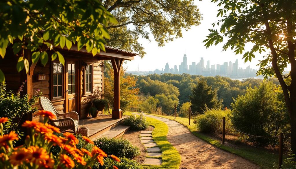 A serene bungalow nestled amidst lush greenery, its rustic charm accentuated by warm afternoon sunlight filtering through the canopy of trees. The wooden porch invites a moment of tranquility, with a wicker chair beckoning for a leisurely respite. In the foreground, vibrant flowers in earthy tones add a touch of romance, while the middle ground reveals a winding path leading towards the bungalow's entrance. The background showcases the picturesque Birmingham skyline, its skyscrapers and historic landmarks creating a harmonious blend of urban and natural elements. The overall scene captures the essence of a charming, photo-worthy moment in the heart of Birmingham's weekend getaway destination.