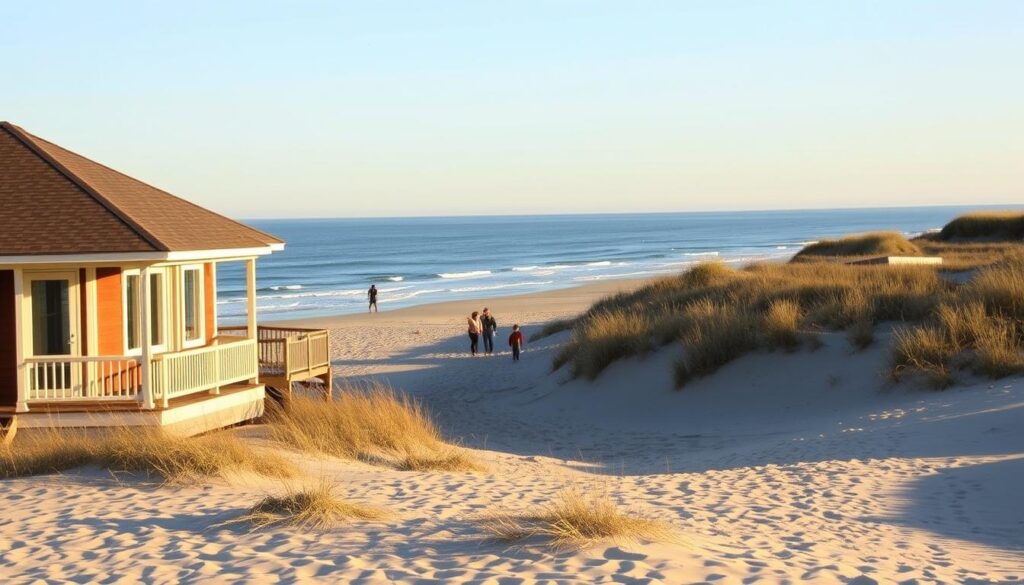 A serene coastal landscape in Outer Banks, North Carolina, bathed in warm afternoon sunlight. In the foreground, a charming beach house with a wraparound porch, its wooden exterior complementing the sandy beach and rolling dunes. In the middle ground, families strolling along the shoreline, their silhouettes casting long shadows as they enjoy the tranquil atmosphere. The background reveals a picturesque view of the Atlantic Ocean, its waves gently lapping against the shore, hinting at the tranquility and natural beauty that awaits visitors. The scene conveys a sense of timelessness and the opportunity to plan ahead for a peaceful getaway, capturing the essence of the "Plan Ahead: Availability, Pre-Reservations, and Best Times to Visit" section.