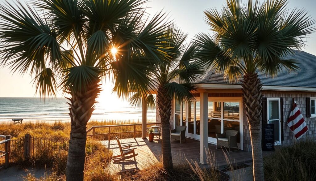 A serene coastal retreat nestled amongst the dunes of the Outer Banks, North Carolina. The sun casts a warm glow over the weathered shingles of the vacation rental, its spacious porch beckoning with rocking chairs overlooking the sparkling waters of the Atlantic. Lush palm trees sway gently in the breeze, framing the scene and creating a sense of tranquility. Inside, the home is filled with light, airy interiors and cozy furnishings, inviting guests to relax and unwind. A picturesque scene of peaceful Outer Banks living, perfect for an idyllic coastal getaway.