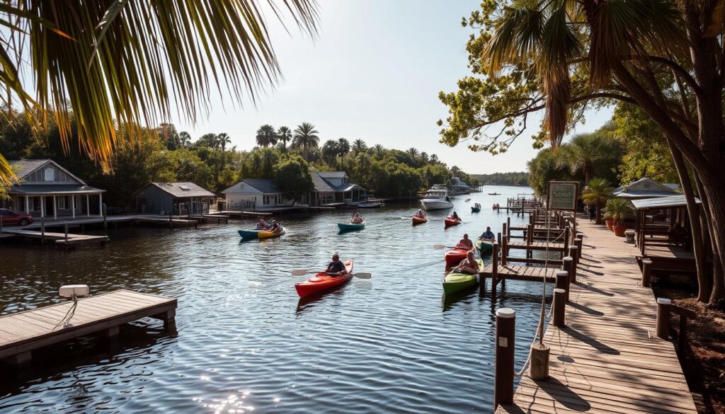 A serene coastal town nestled amidst lush mangrove forests and sparkling Gulf waters. Wooden docks and weathered buildings line the tranquil harbor, their reflections rippling in the calm surface. Sunlight filters through swaying palms, casting dappled shadows on the meandering paths. In the distance, a small fleet of kayaks glides silently, their paddlers exploring the intricate waterways. The atmosphere exudes a timeless, unhurried charm, inviting visitors to slow down and savor the natural beauty of Cedar Key.