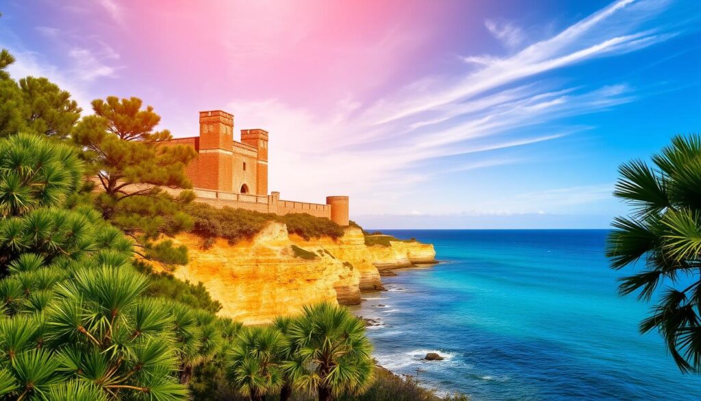 A serene coastal vista at Amelia Island's Fort Clinch State Park, where towering sand-colored cliffs frame a tranquil shoreline. In the foreground, lush green pines and palms sway gently in a soft ocean breeze. The historic fort's weathered brick walls and stately turrets stand proud against a vibrant blue sky, bathed in warm golden sunlight filtering through wispy clouds. In the distance, the sparkling azure waters of the Atlantic Ocean stretch out to the horizon, beckoning visitors to explore this picturesque natural oasis on Florida's northern coast.