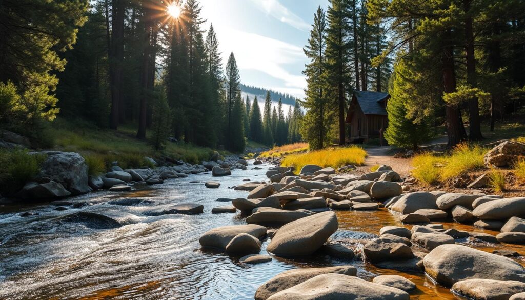 A serene creek winds through a lush, forested valley in Nevada City, California. Sunlight filters through the canopy of tall pines, casting a warm, golden glow on the gently flowing water. Smooth, weathered rocks line the creek's edge, creating natural steps and pools where visitors can sit and immerse themselves in the tranquil setting. In the distance, a rustic cabin nestles among the trees, its weathered wood and pitched roof blending seamlessly with the surrounding landscape. Wispy clouds drift overhead, completing the idyllic, nature-inspired scene perfect for a creative retreat in the heart of the Sierra Nevada mountains.