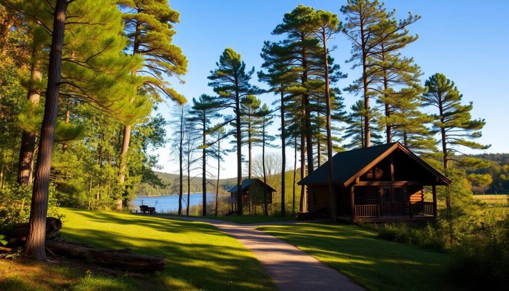 A serene forest clearing nestled in the Tennessee hills, bathed in warm afternoon sunlight. A meandering path winds through the lush greenery, inviting visitors to embark on a reflective journey. In the foreground, a picturesque wooden retreat cabin with a wraparound porch, its rustic charm complementing the natural surroundings. Towering pines and deciduous trees form the middle ground, their gentle sway creating a calming rhythm. In the distance, a glimpse of a tranquil pond reflects the azure sky, offering a serene backdrop for contemplation. The scene radiates a sense of peace and harmony, encouraging visitors to disconnect from the outside world and immerse themselves in the restorative power of nature.