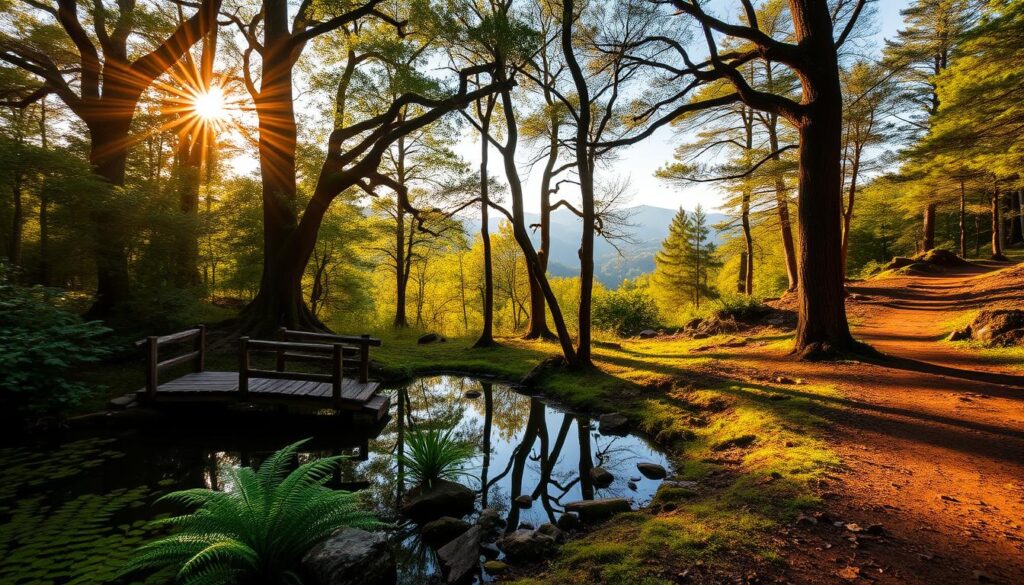 A serene forest glade in the North Carolina mountains, bathed in warm, golden sunlight filtering through the canopy of towering oak and pine trees. In the foreground, a tranquil pond reflects the verdant foliage and a small, weathered wooden bridge. Lush ferns and mossy rocks line the pond's edge, creating a soothing, meditative ambiance. In the middle ground, a winding dirt path leads deeper into the sanctuary, inviting the viewer to explore this peaceful natural haven. The background features rolling hills and distant peaks, adding a sense of expansive, untouched wilderness. An atmosphere of profound stillness and introspection pervades the scene, beckoning the viewer to pause, breathe, and find solace in the restorative power of this sacred natural sanctuary.