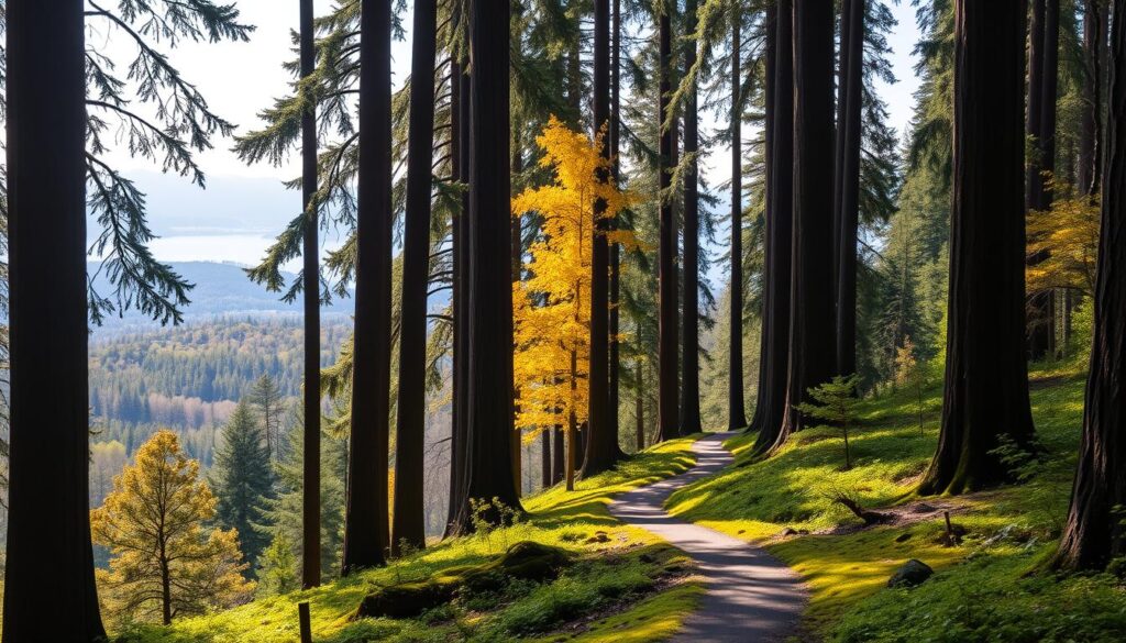 A serene forest of towering redwood trees, their majestic trunks reaching skyward through the shifting seasons. In the foreground, a lush, mossy undergrowth is illuminated by dappled sunlight filtering through the canopy above. In the middle ground, a winding path winds through the trees, marked by the changing hues of the foliage - vibrant greens in spring, golden yellows in autumn, and a dusting of snow in winter. The background is a panoramic vista of rolling hills and distant mountains, their silhouettes softened by atmospheric haze. The overall mood is one of tranquility and wonder, capturing the timeless beauty of the redwood forest in its various states of weather and seasonal transformation.
