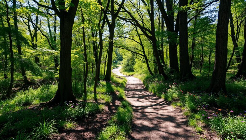 A serene forest trail winds through a lush, verdant landscape on a bright, sun-dappled day. Towering trees with gnarled trunks and vibrant foliage line the path, casting dappled shadows on the earthy ground below. Vibrant wildflowers dot the forest floor, their petals gently swaying in the soft breeze. Ahead, the trail opens up to reveal a tranquil stream, its crystal-clear waters reflecting the surrounding natural beauty. The scene exudes a sense of calm and rejuvenation, inviting the viewer to immerse themselves in the restorative power of nature.