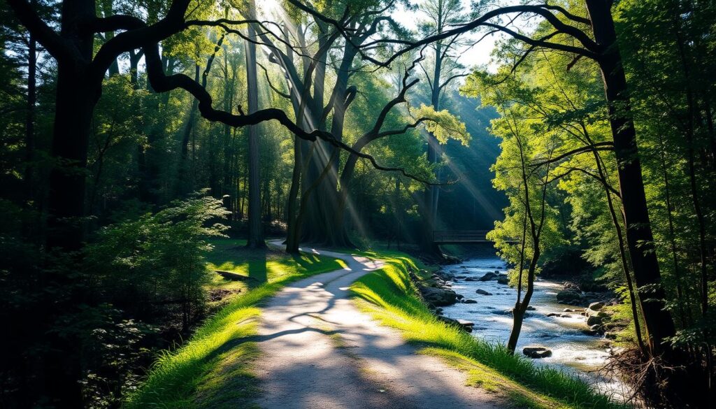 A serene forest trail winds through lush greenery, with a gently flowing river cascading alongside. Sunlight filters through the dense canopy of towering oak and pine trees, casting a warm, golden glow over the scene. Soft shadows dance across the path, inviting visitors to embark on a peaceful journey. In the distance, a small wooden bridge spans the river, beckoning exploration. The atmosphere is one of tranquility and solace, capturing the essence of North Florida's quiet forest retreats.