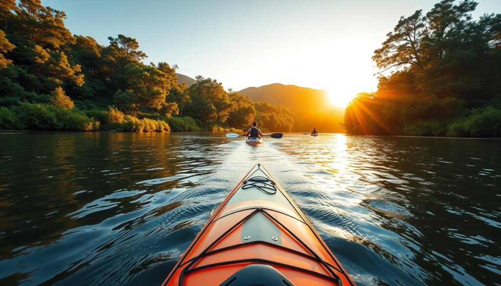 A serene kayak gliding across a tranquil river, surrounded by lush verdant hills in the distance. The water's surface reflects the golden hues of the sunset, casting a warm glow over the peaceful scene. A single kayaker paddles with gentle strokes, immersed in the calming rhythm of the river's flow. Tall, swaying trees line the riverbanks, creating a natural canopy that filters the soft, diffused light. The overall atmosphere exudes a sense of tranquility and adventure, inviting the viewer to imagine themselves embarking on a rejuvenating getaway in the picturesque hills of Tennessee.