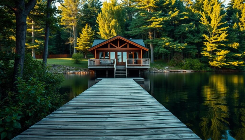 A serene lakefront cabin nestled amidst lush greenery, steps away from the tranquil waters of a Michigan lake. The foreground depicts a well-worn wooden dock, its planks gently weathered by time and the caress of the waves. In the middle ground, the cabin stands proudly, its rustic charm accentuated by a wraparound porch and large windows that invite the outdoors in. The background features a densely forested shoreline, the trees reflecting their verdant hues in the still, mirror-like surface of the lake. Soft, diffused natural lighting bathes the scene, creating a warm, inviting atmosphere that whispers of rest and relaxation. This picturesque lakefront retreat offers the perfect blend of nature's tranquility and the comforts of a cozy, well-appointed home.