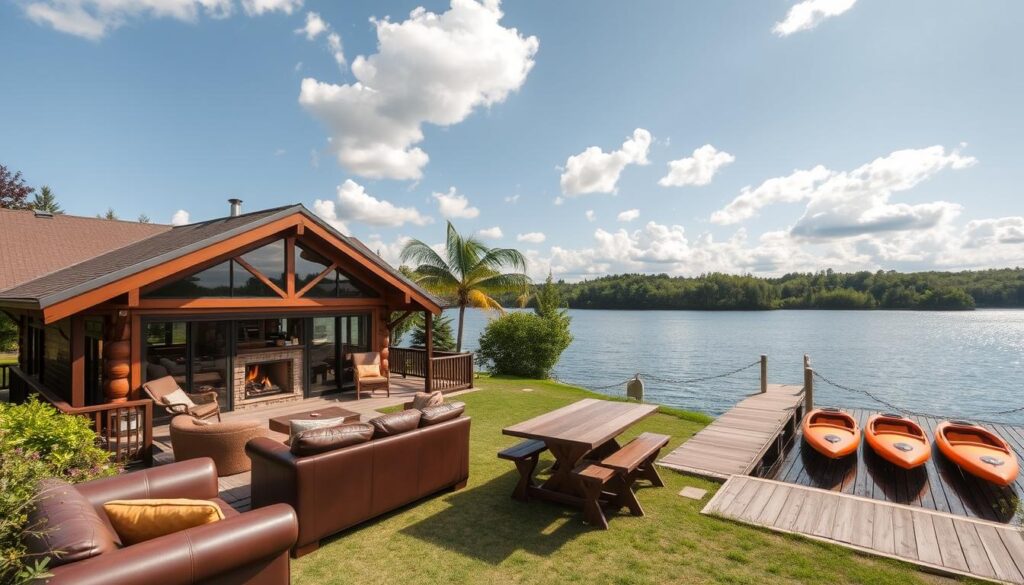 A serene lakefront cabin nestled amidst lush greenery, with a cozy porch overlooking the tranquil waters. The interior exudes a warm, rustic charm, featuring plush leather furnishings, a roaring fireplace, and large windows that bathe the space in soft, natural light. A well-equipped kitchen with stainless steel appliances and a farmhouse-style dining table invites long, leisurely meals. In the backyard, a wooden dock stretches out towards the shimmering lake, where a row of kayaks and paddle boards await adventurous guests. Overhead, a clear sky dotted with fluffy white clouds sets the perfect mood for a soulful, rejuvenating escape.