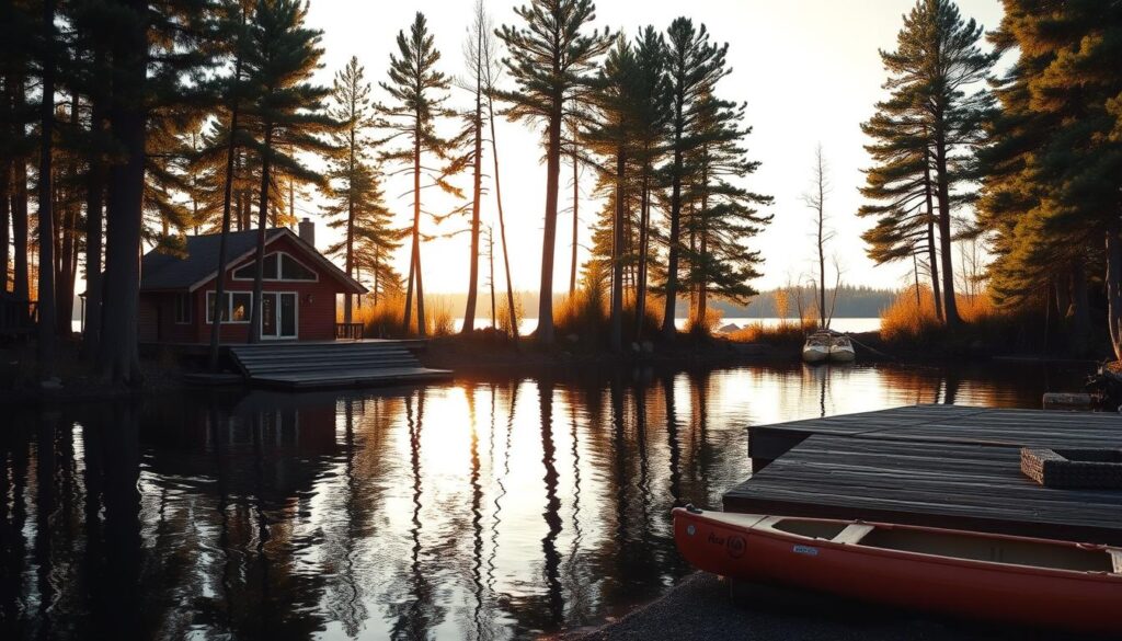 A serene lakefront cabin nestled amidst towering pines, its reflection shimmering on the calm, glassy waters of a picturesque Michigan lake. Warm, golden sunlight filters through the trees, casting a cozy glow across the weathered wooden deck and inviting fire pit. In the distance, a row of kayaks waits patiently, ready to explore the tranquil shoreline. The scene evokes a sense of peaceful solitude, a perfect haven for a soulful escape.