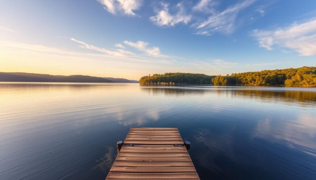 A serene lakefront landscape at Lake Guntersville, Alabama. The still waters of the lake reflect the lush, forested shoreline and the tranquil sky above. In the foreground, a wooden dock extends into the water, inviting visitors to sit and bask in the peaceful ambiance. Warm, golden sunlight filters through the trees, casting a gentle glow over the scene. Wispy clouds drift overhead, complementing the overall sense of calm and tranquility. The composition emphasizes the natural beauty and serene atmosphere of this picturesque lakeside setting, perfect for a peaceful escape.